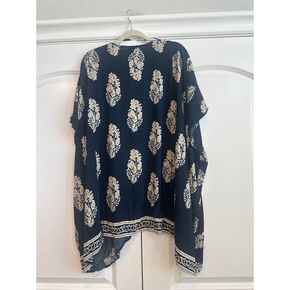 Hipster Row Navy Blue with Beige Boho Paisley Open Front Kimono - Picture 7 of 8